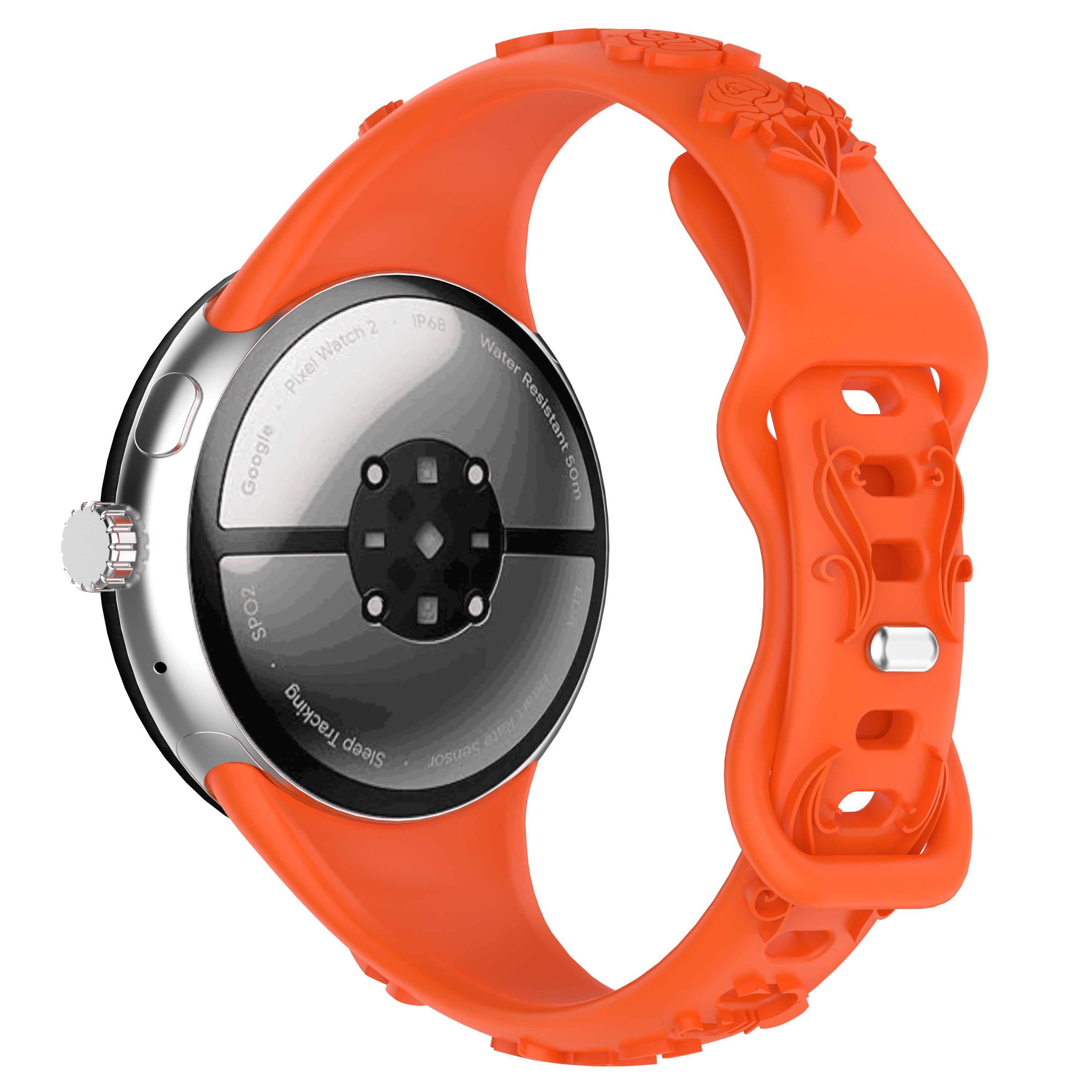 For Google Pixel Watch / Pixel Watch 2 Carving Flower Pattern Watch Strap Replacement Silicone Band - Orange For Google Pixel Watch / Pixel Watch 2 Carving Flower Pattern Watch Strap Replacement Silicone Band - Orange